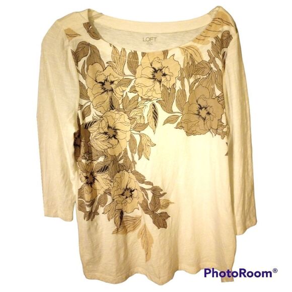 LOFT Tops - LOFT floral  print three quarter length sleeve white top large